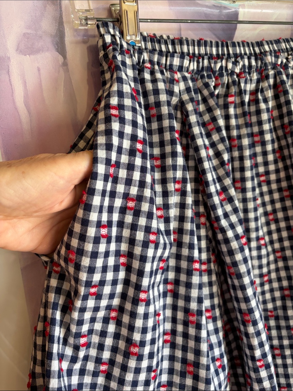 Maeve Anthropologie Gingham Check Skirt in Navy/White w/Red Embroidery - Picture 5 of 7